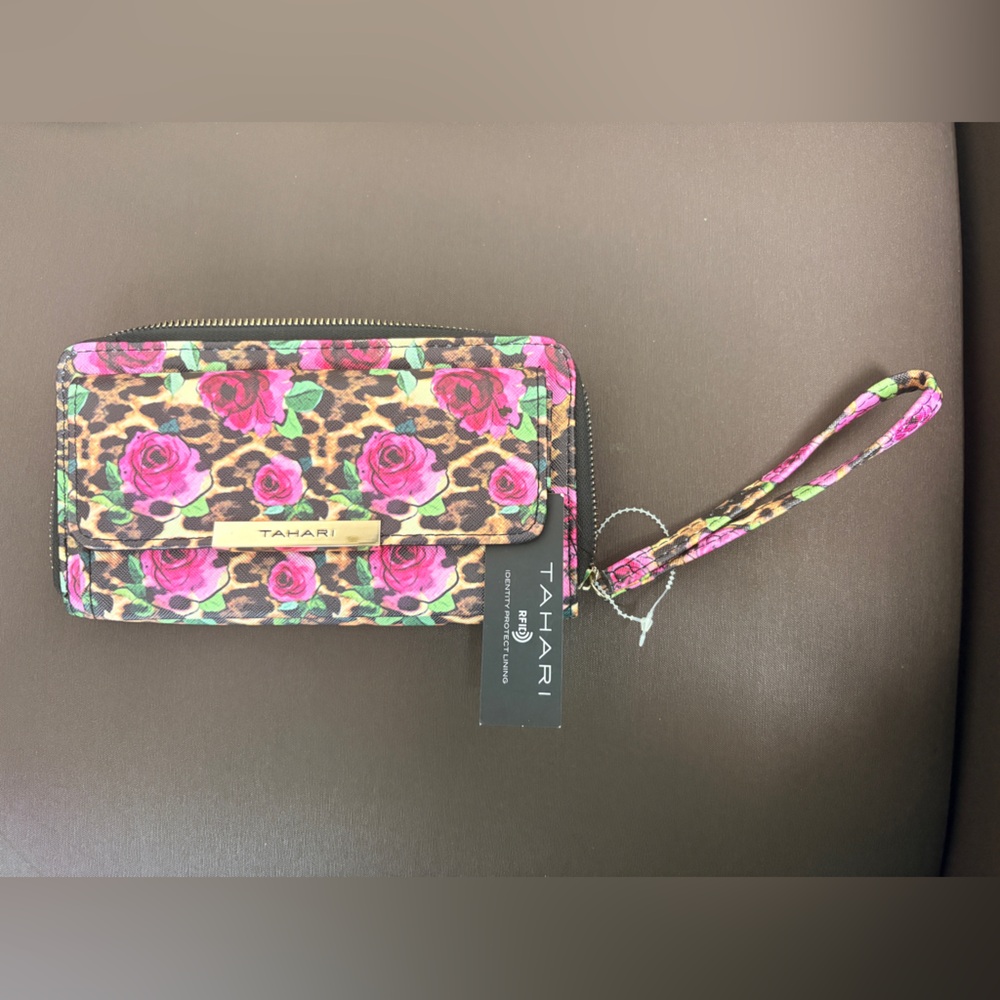 Tahari Pink Rose and Leopard Print Wristlet